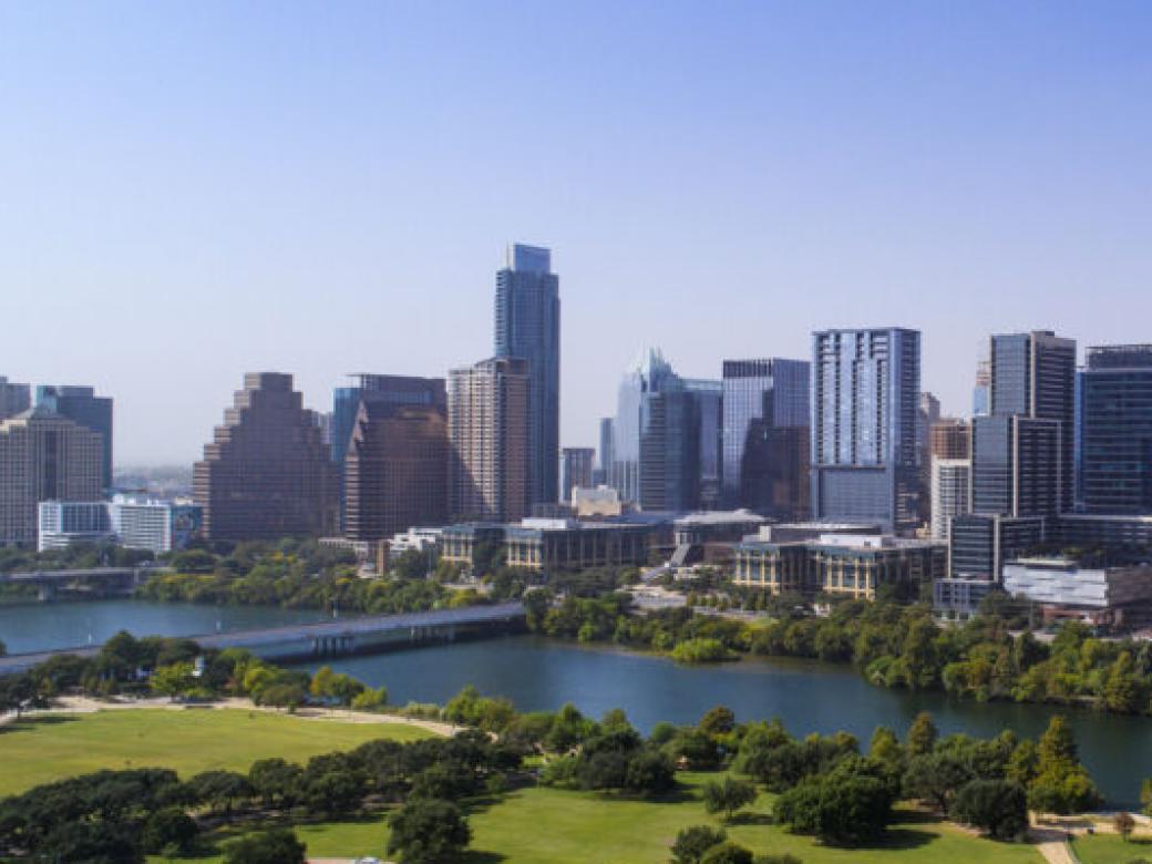 An aerial view of downtown Austin, Lady Bird Lake and Auditorium Shores.